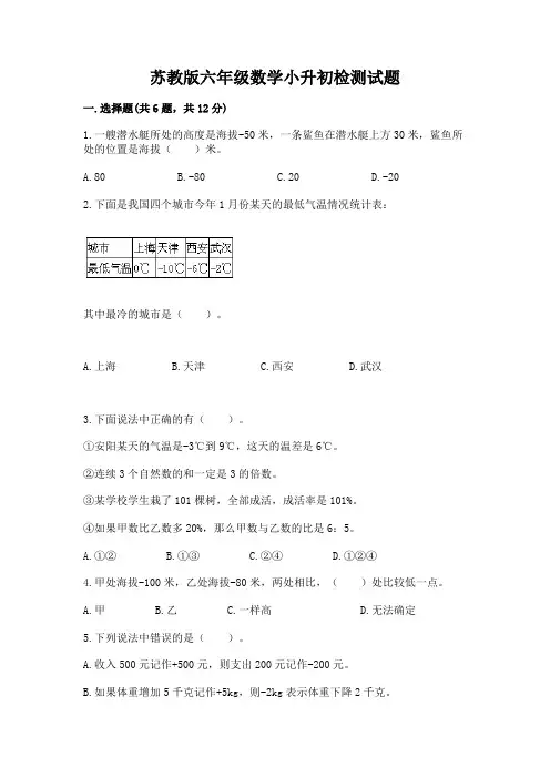 苏教版六年级数学小升初检测试题含答案(完整版)