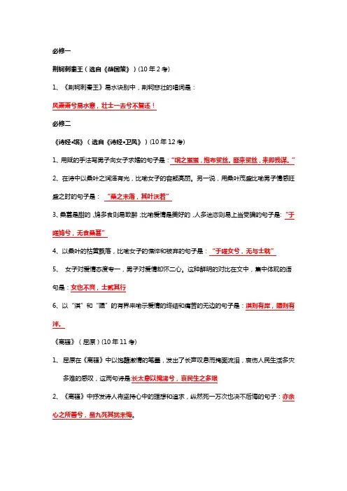 高考语文人教语文必修1至必修4情景式默写总结(含答案)