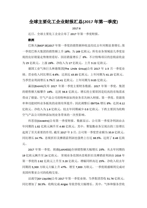 全球主要化工企业财报汇总(2017年第一季度)