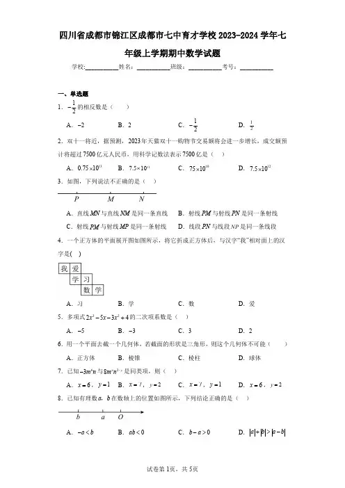 四川省成都市锦江区成都市七中育才学校2023-2024学年七年级上学期期中数学试题