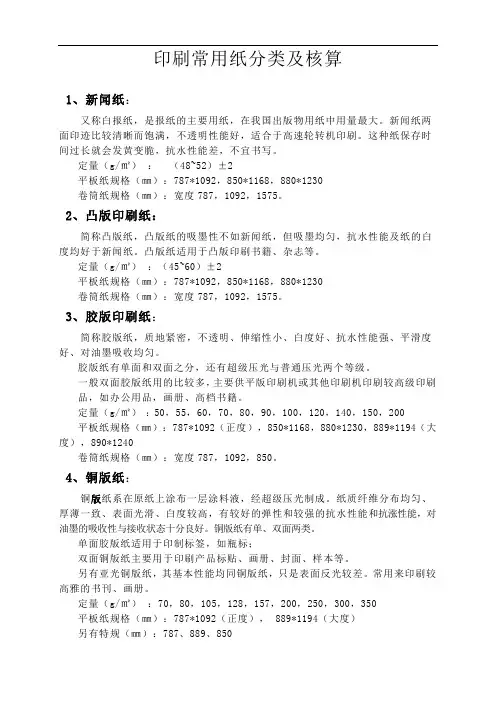 印刷常用纸张分类及核算