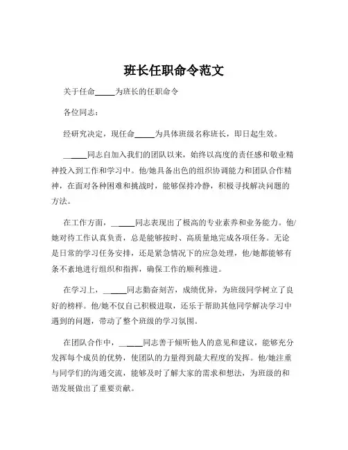 班长任职命令范文