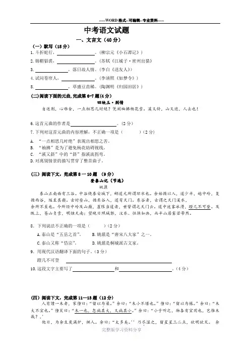 初中语文中考试卷(含答案)