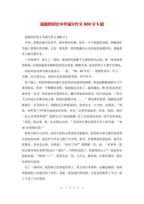 温暖的回忆中考满分作文600字5篇