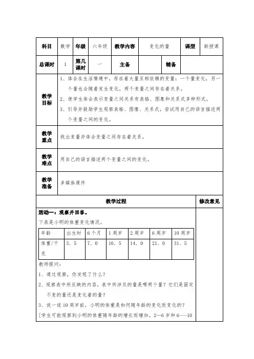 北师大版六年级数学下册第二单元《变化的量》新授课教学设计