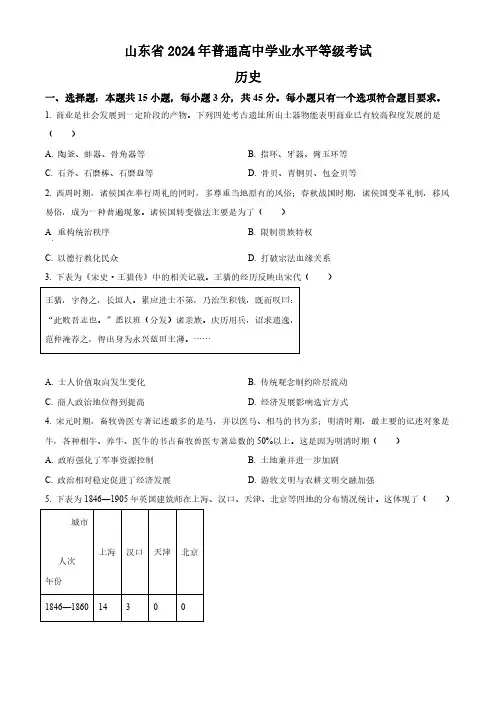 山东省2024年普通高等学业水平等级考试历史卷