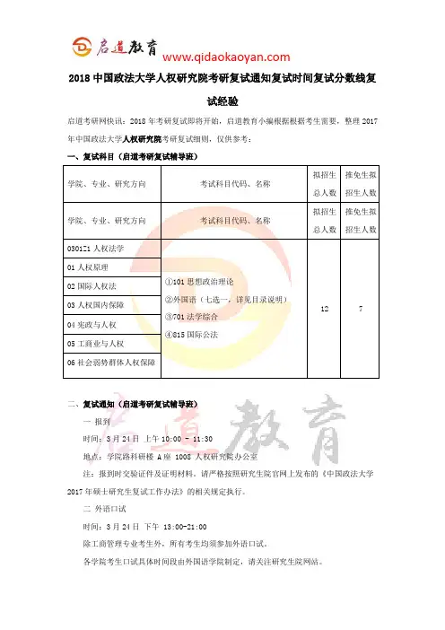 2018中国政法大学人权研究院考研复试通知复试时间复试分数线复试经验