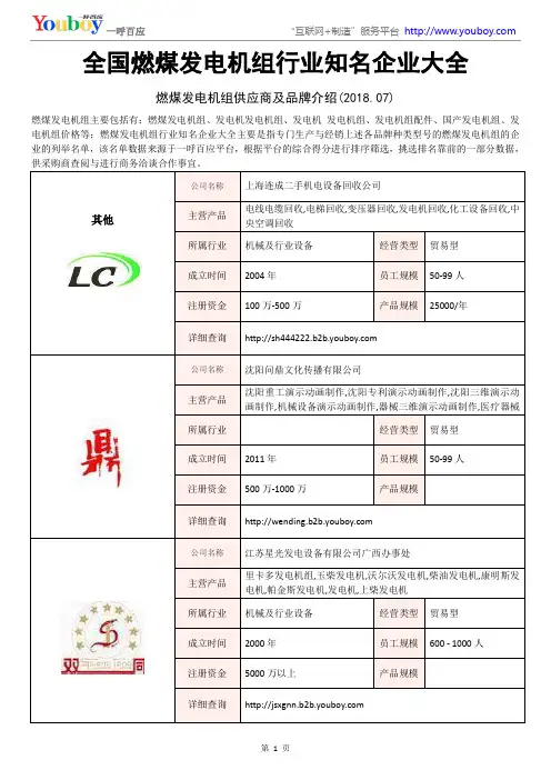 全国燃煤发电机组行业知名企业大全-燃煤发电机组供应商及品牌介绍2018.07