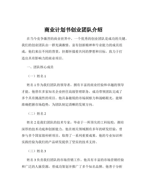 商业计划书创业团队介绍