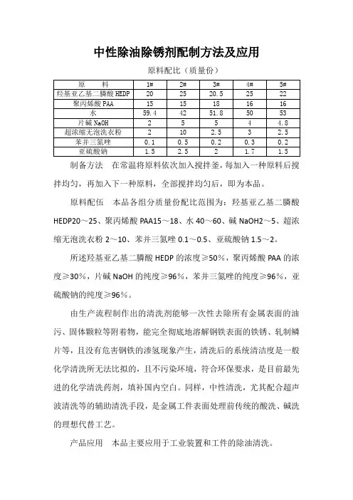 中性除油除锈剂配制方法及应用