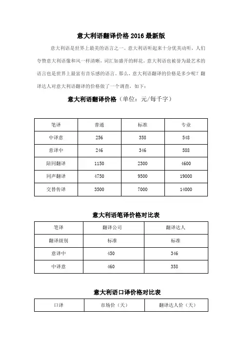 意大利语翻译价格2016最新版