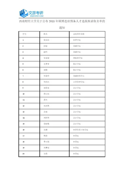西南财经大学关于公布2015年硕博连读预备人才选拔拟录取名单的通知