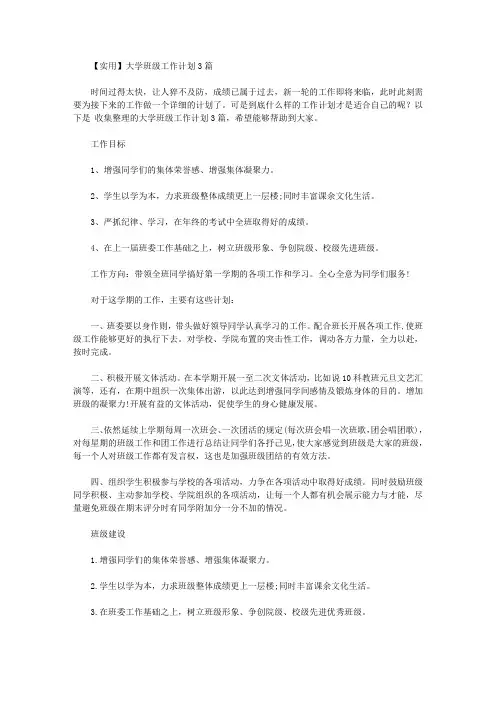 2020年【实用】大学班级工作计划3篇【精品】