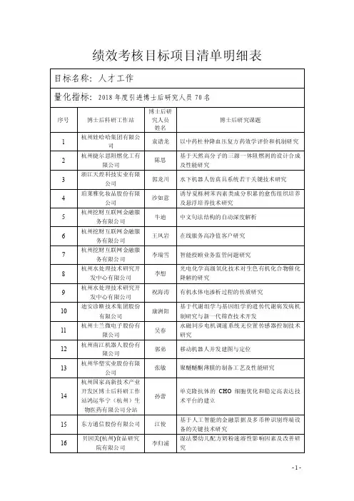 绩效考核目标项目清单明细表