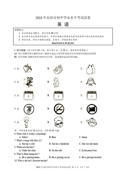 2018年湖南省岳阳市中考英语真题试卷(PDF原版)