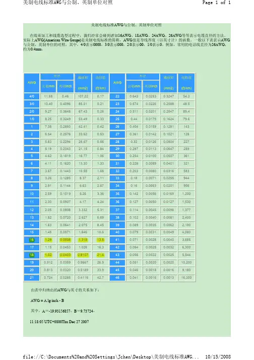 美制电线标准AWG与公制,英制单位对照