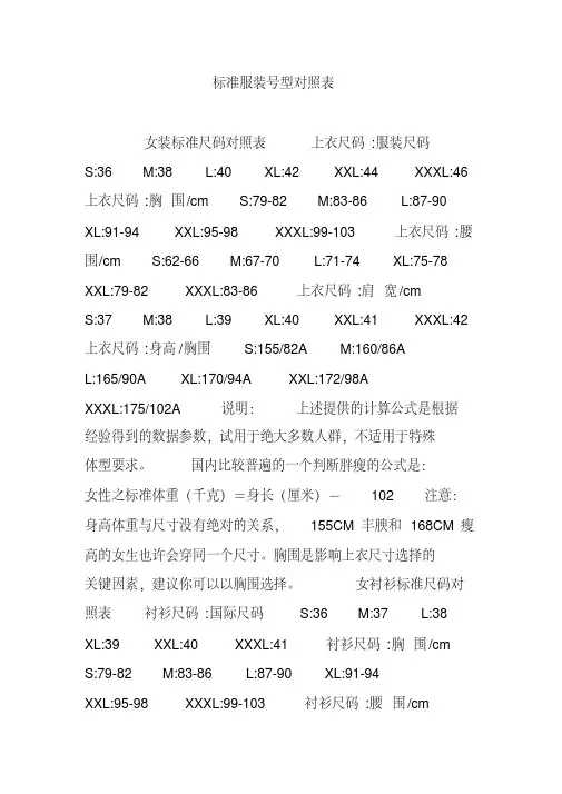 标准服装号型对照表