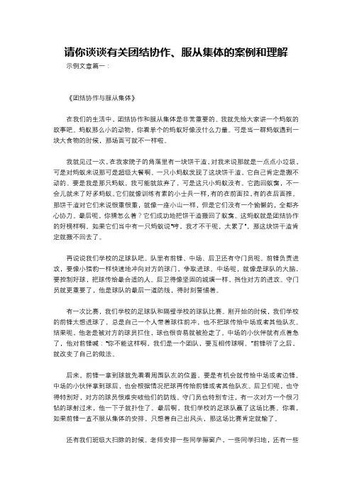 请你谈谈有关团结协作、服从集体的案例和理解