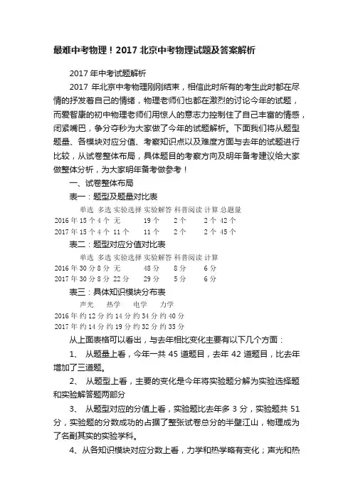 最难中考物理！2017北京中考物理试题及答案解析