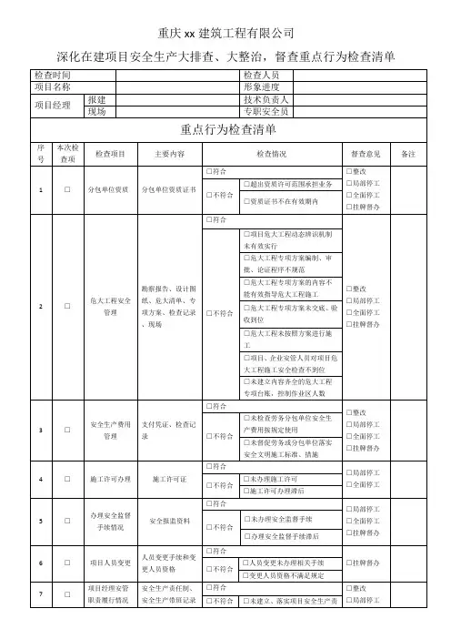 建项目安全生产大排查、大整治,督查重点行为检查清单