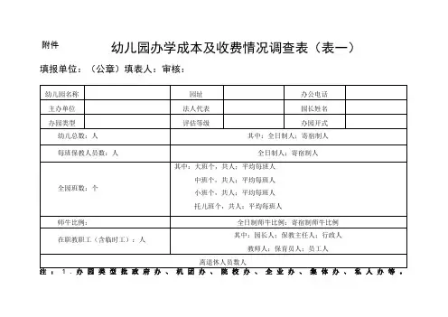 幼儿园办学成本及收费情况调查表