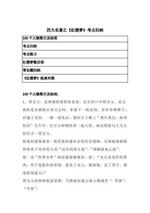 四大名著之《红楼梦》考点(100个人物简介、常识题、对联、歇后语、考点练习)