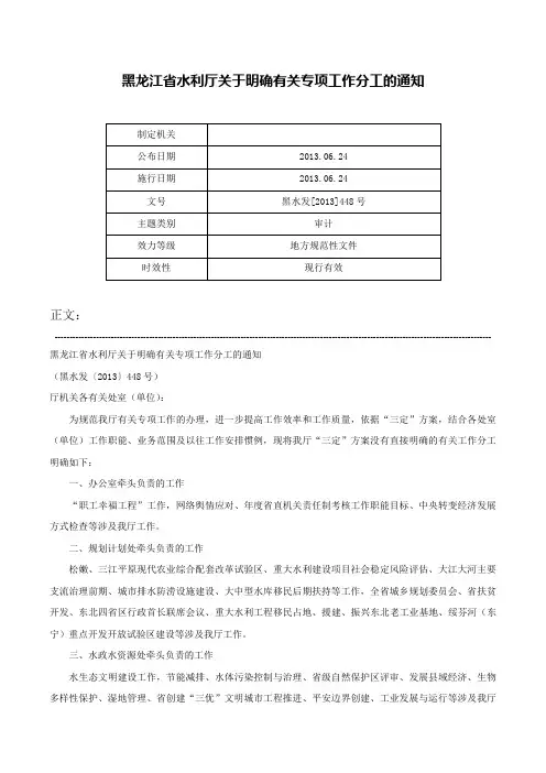 黑龙江省水利厅关于明确有关专项工作分工的通知-黑水发[2013]448号