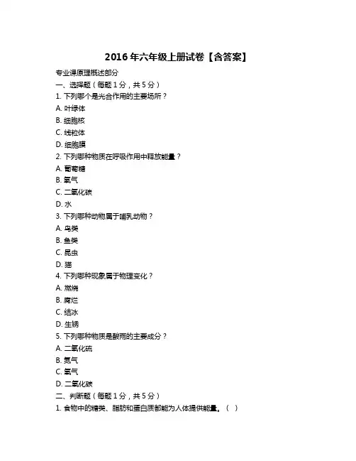 2016年六年级上册试卷【含答案】