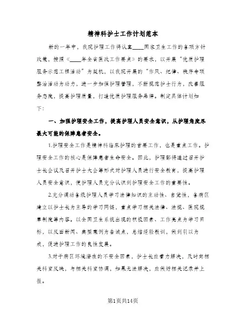 精神科护士工作计划范本（3篇）