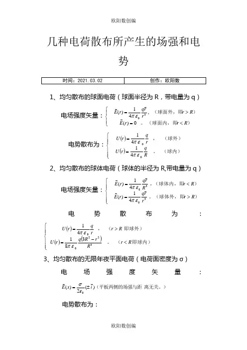 几种典型带电体的场强和电势公式之欧阳数创编