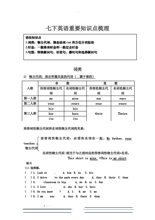 外研版七年级下册英语语法专题复习(含练习)