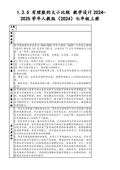 1.2.5有理数的大小比较教学设计2024-2025学年人教版(2024)七年级上册