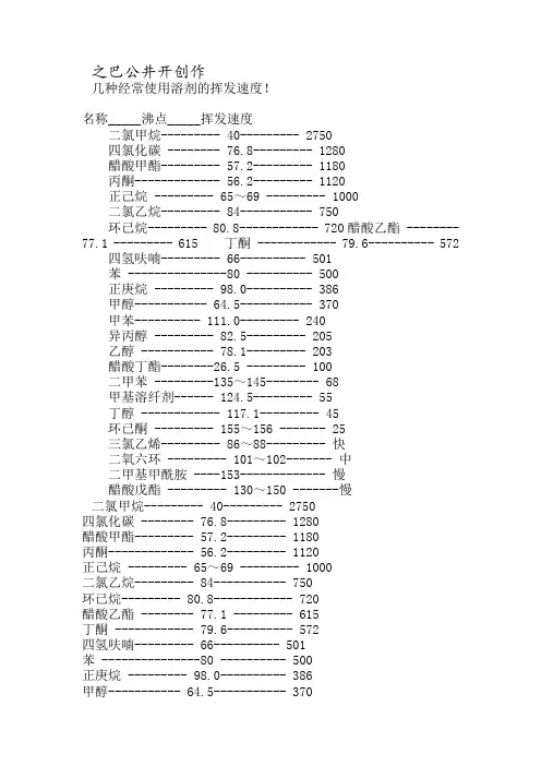 几种常用溶剂的挥发速度