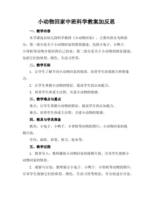 小动物回家中班科学教案加反思
