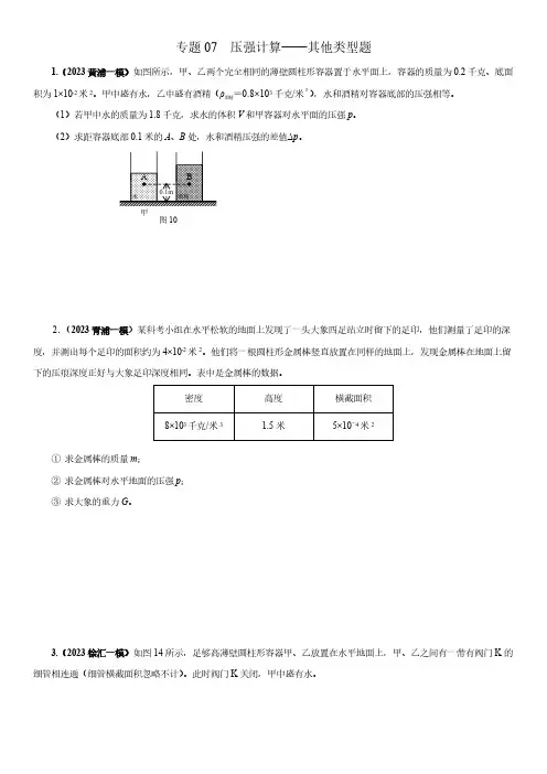 2024年上海中考物理专题复习精练 专题07 压强计算(其他类型题)含详解