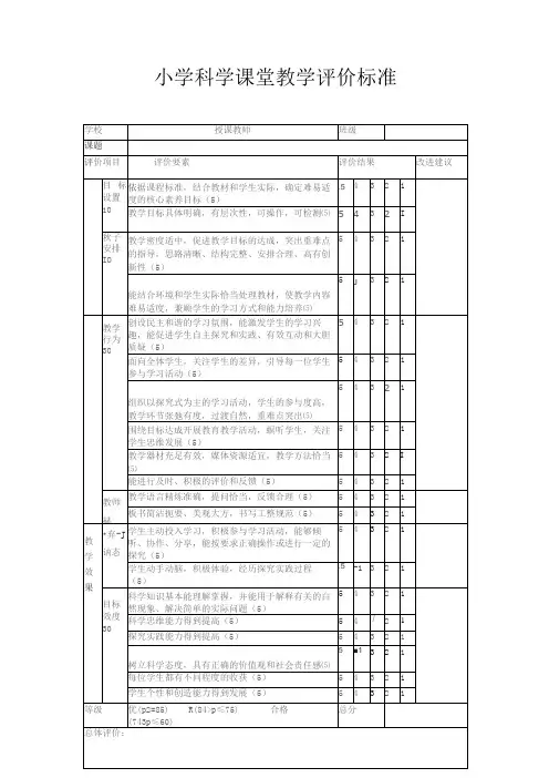 小学科学课堂评分标准