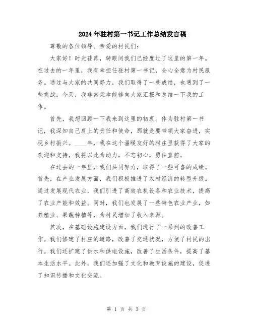 2024年驻村第一书记工作总结发言稿