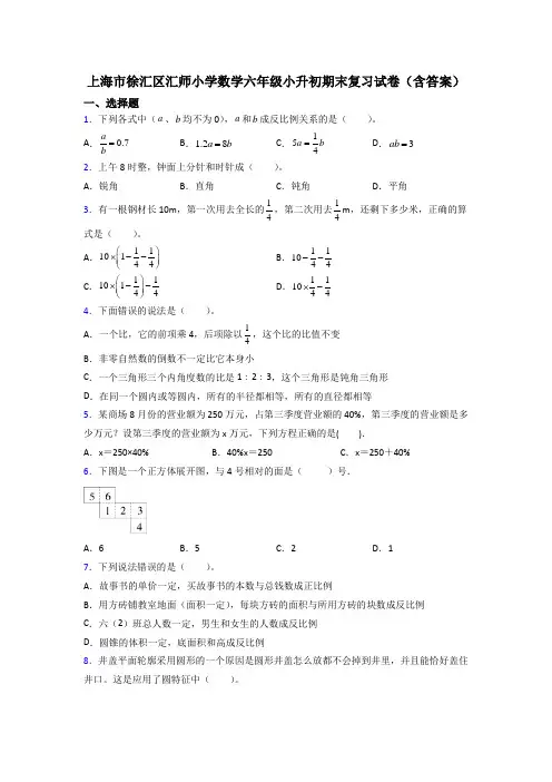 上海市徐汇区汇师小学数学六年级小升初期末复习试卷(含答案)