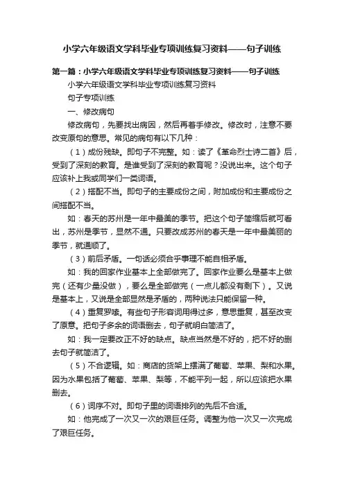小学六年级语文学科毕业专项训练复习资料——句子训练