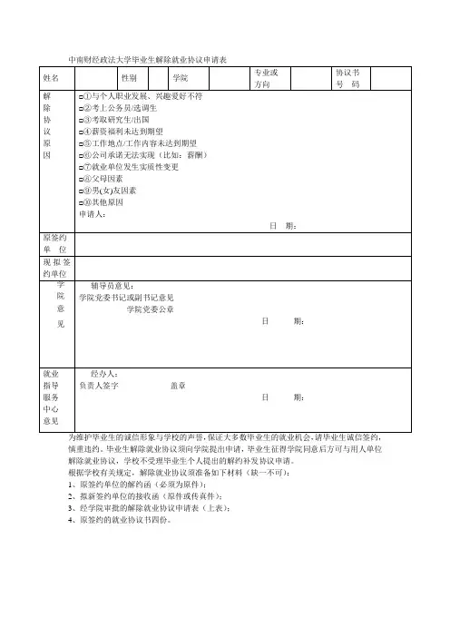 中南财经政法大学毕业生解除就业协议申请表