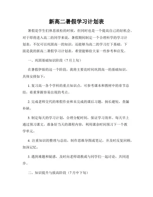 新高二暑假学习计划表