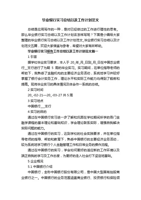 毕业银行实习总结以及工作计划范文