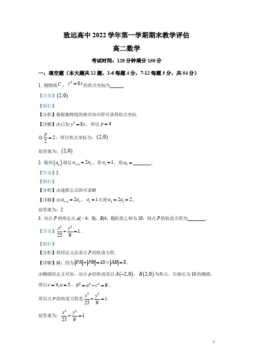 2021-2022学年上海市奉贤区致远高级中学高二上学期期末数学试题(解析版)