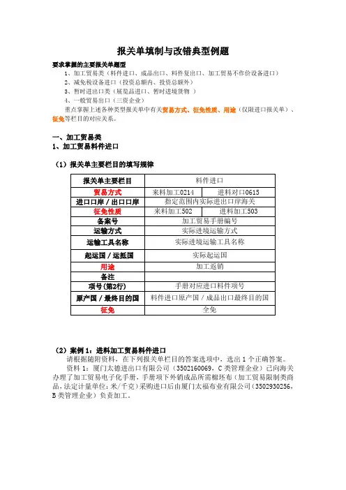 报关单填制与改错典型例题