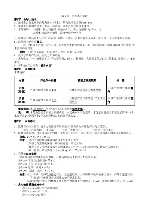 浙教版八年级上册科学知识点汇总