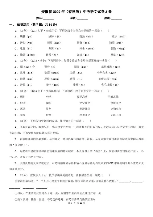 安徽省2020年(春秋版)中考语文试卷A卷