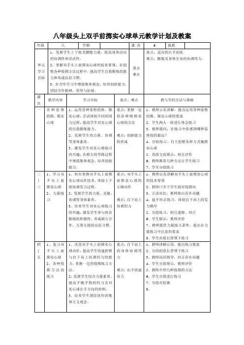 八年级头上双手前掷实心球单元教学计划及教案