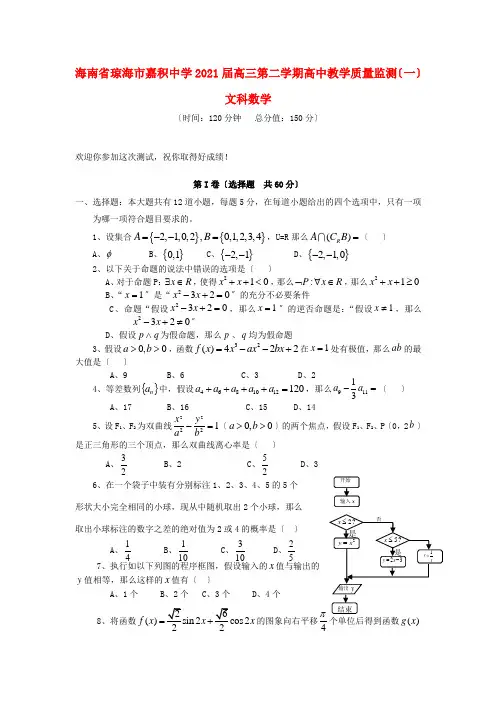《精编》海南省琼海市嘉积中学高三数学下学期教学质量监测试题(一)文 新人教A版.doc