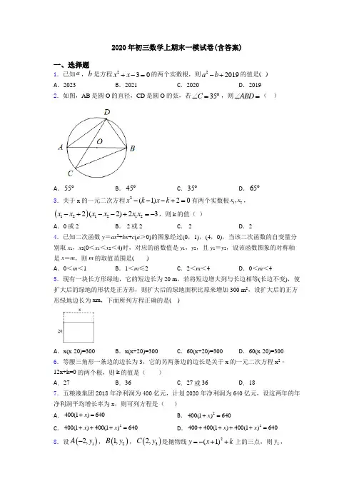 2020年初三数学上期末一模试卷(含答案)