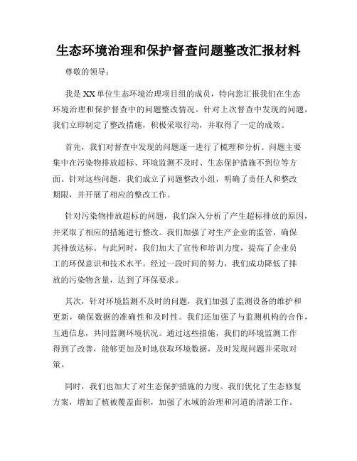 生态环境治理和保护督查问题整改汇报材料